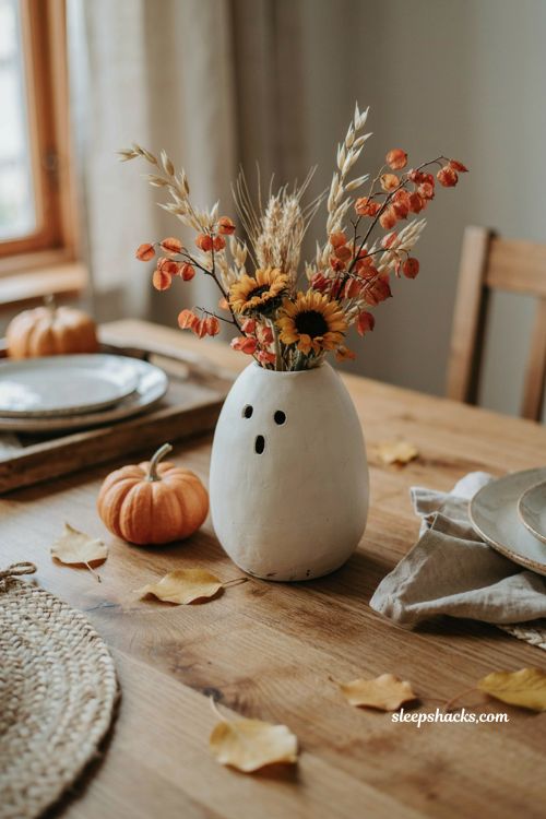 Friendly ghost vase with dried wheat and autumn stems for cozy Halloween table decor