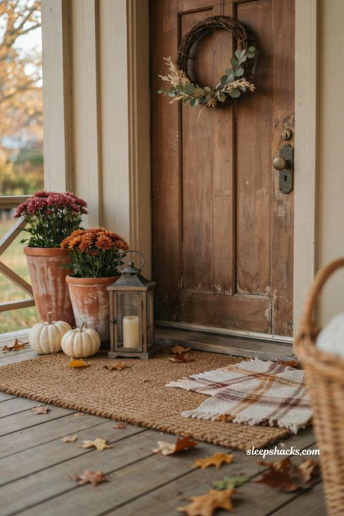 Front door fall doormat with warm plaid pattern potted mums pumpkins and cozy entryway decor