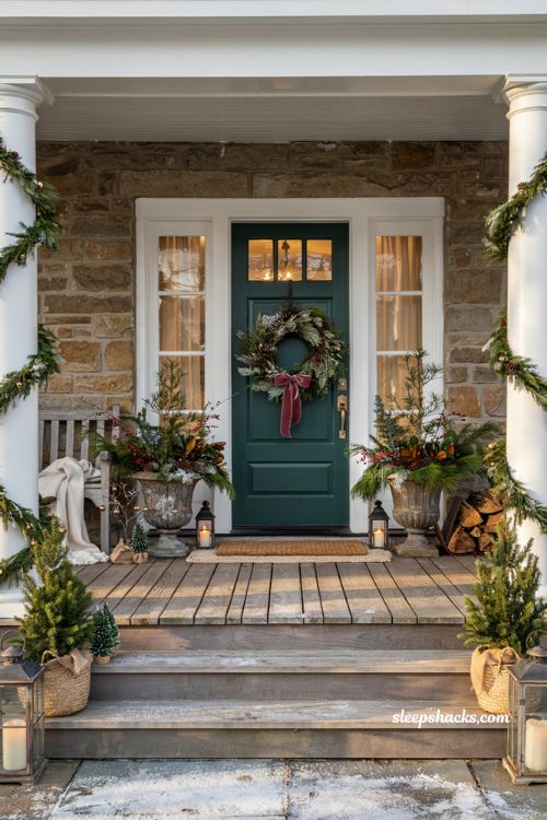 Front porch Christmas decor with evergreen planters wreath and cozy winter entryway