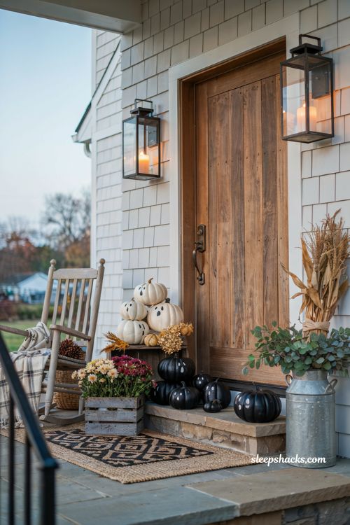 Front porch halloween ideas with black and white painted ghost pumpkins