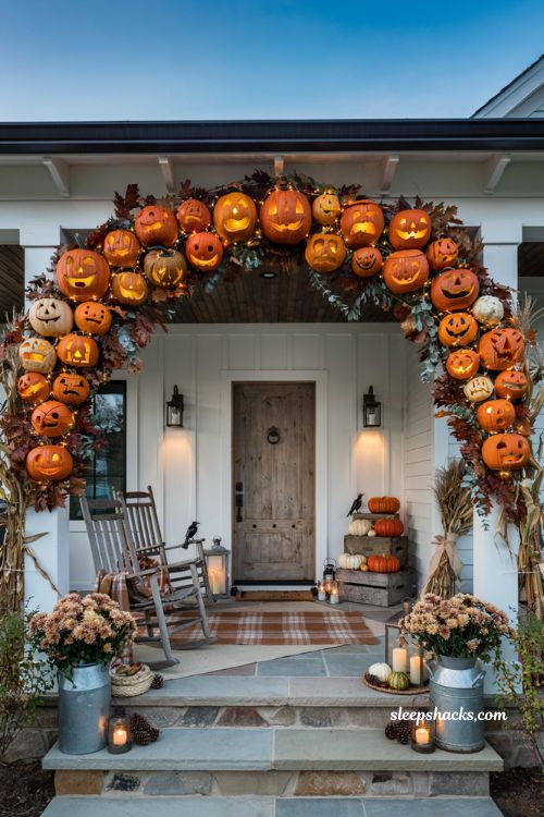 Front porch halloween ideas with glowing pumpkin arch and cozy farmhouse entrance