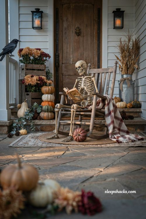 Front porch halloween ideas with lounging skeleton rocking chair and cozy autumn decor