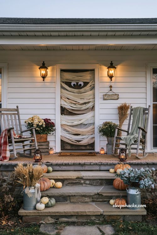 Front porch halloween ideas with mummy front door and cozy farmhouse decor