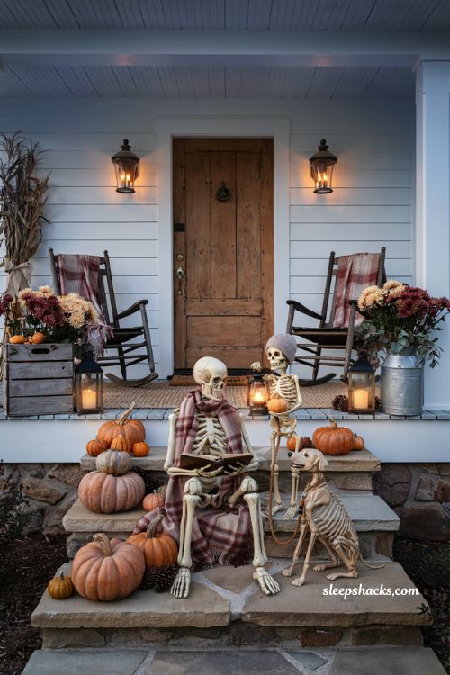 Front porch halloween ideas with playful skeleton family and cozy farmhouse decor