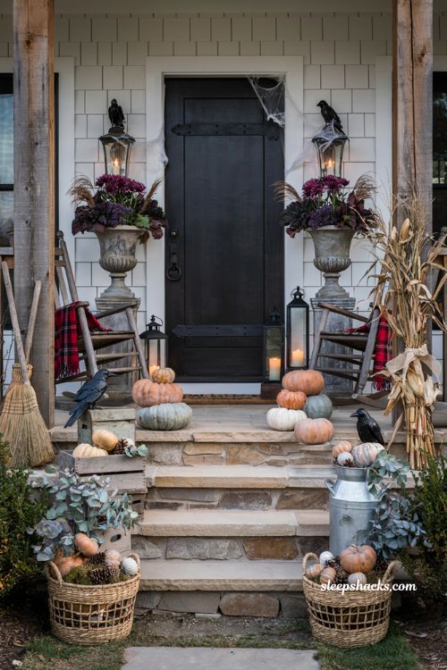 Front porch halloween ideas with pumpkins lanterns mums and cozy farmhouse decor