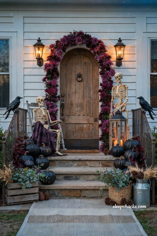 Front porch halloween ideas with purple mums black pumpkins and elegant farmhouse decor