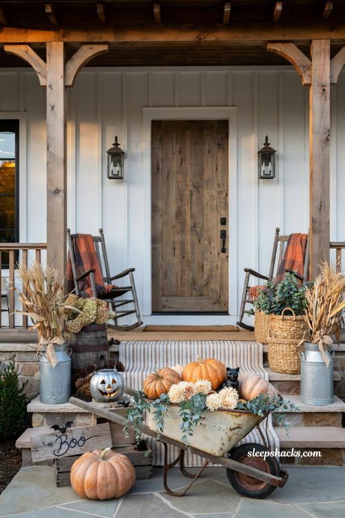 Front porch halloween ideas with rustic farmhouse decor pumpkins and galvanized accents