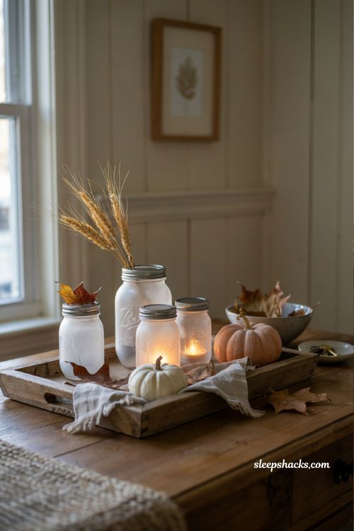 Frosted glass mason jar with battery candle for cozy fall decor