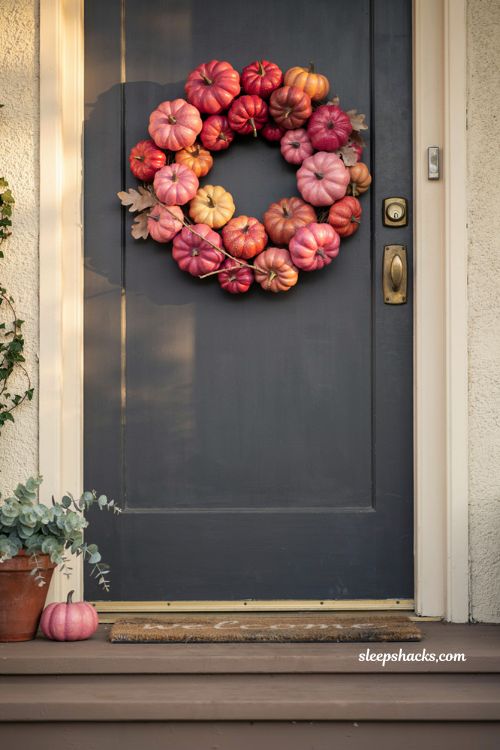 Fuchsia pink pumpkin wreath bold colorful Halloween front door decor