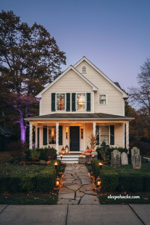 Full outdoor Halloween light display with string lights floodlights solar torches and pumpkins