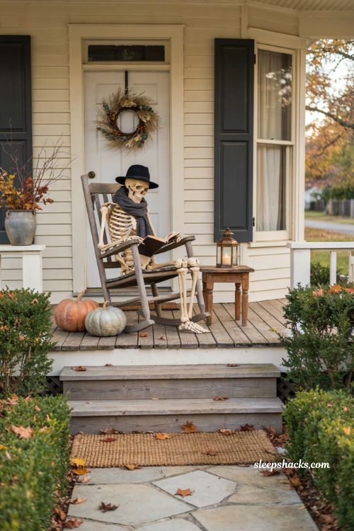 Full size skeleton Halloween exterior decorations with porch chair, pumpkins, hat, and scarf 