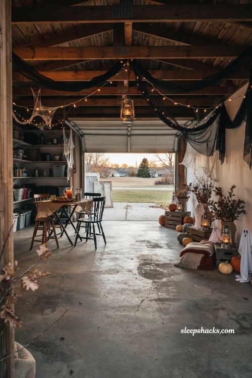Garage Halloween party ideas with rustic pumpkins and cozy spooky decor