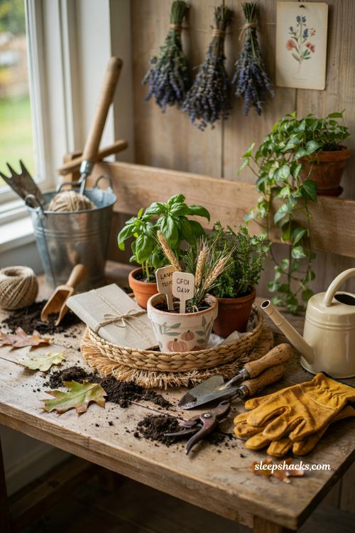 Gardener boo basket ideas with terracotta pots seeds gloves and garden gifts