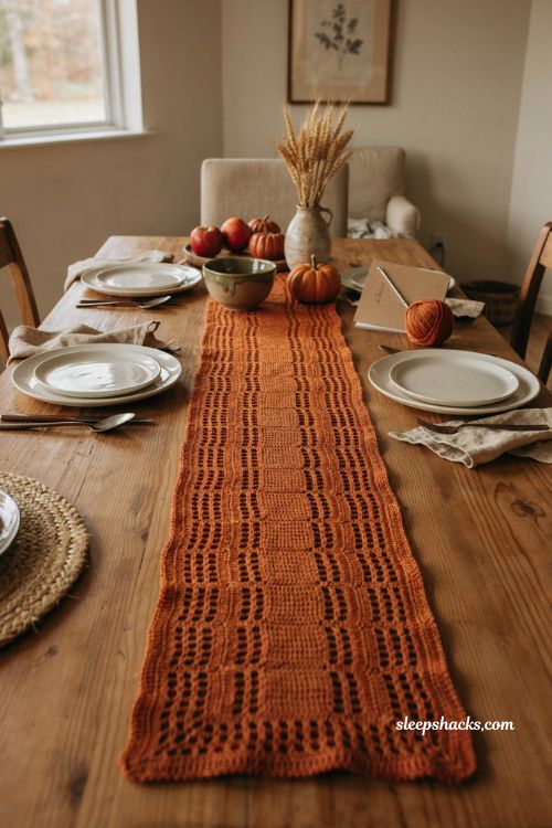 Geo filet fall crochet table runner with pumpkin cotton geometric grid pattern and farmhouse dining table