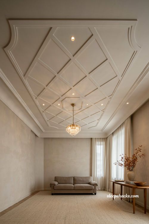 Geometric fall ceiling design with center medallion chandelier and elegant hall interior
