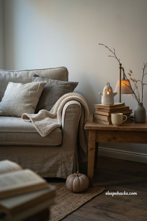 Ghost candle holder beside old books in a cozy farmhouse Halloween reading nook