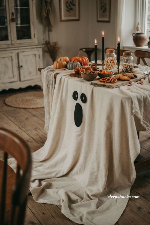 Ghost face Halloween tablecloth with cozy handmade snack table decor