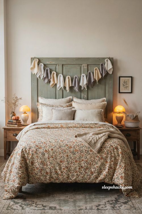 Ghost garland Halloween bedroom with cozy patterned bedding and headboard decor