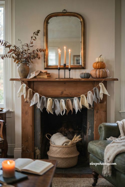 Ghost garland Halloween mantel decor with pumpkins and black candles