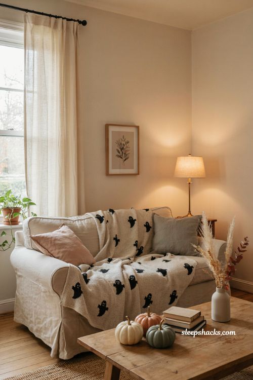 Ghost print Halloween blanket cozy pastel living room decor 