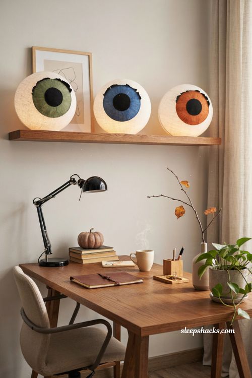 Giant eyeball lampshades for playful office Halloween decoration ideas