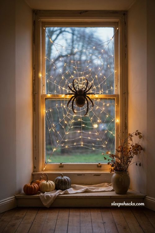 Giant illuminated spider web Halloween window display with glowing lights and large spider decor