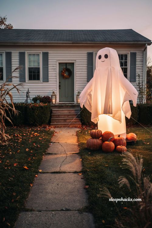 Giant inflatable Halloween centerpiece with glowing ghost pumpkins and cozy front yard decor