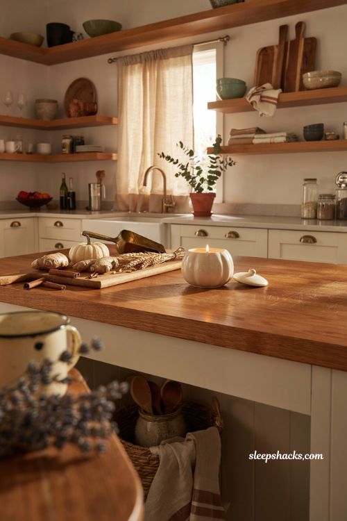 Gingered white pumpkin candle styling in a cozy farmhouse kitchen with warm fall baking atmosphere