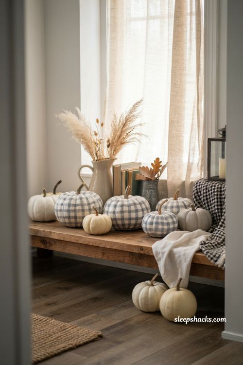 Gingham painted pumpkins in white and gray for farmhouse Halloween decor 