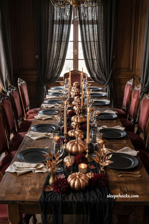 Glamorous Halloween dining table decor with copper pumpkins gold skulls and candlelight
