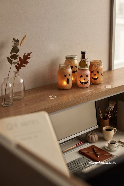 Glass jar ghost and pumpkin lights for cozy office Halloween decor