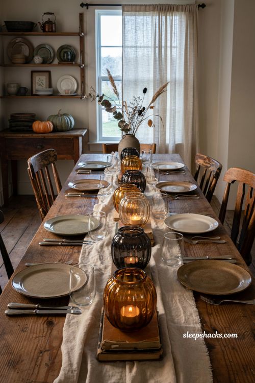 Glass pumpkin candle holders layered down a farmhouse Halloween dining table
