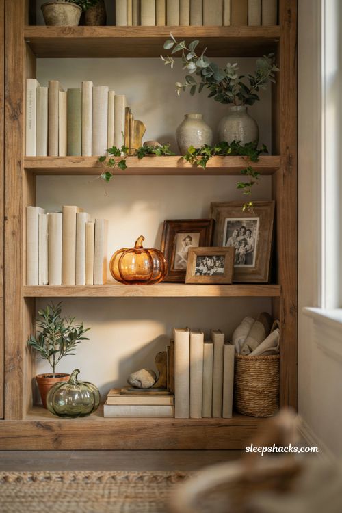 Glass pumpkin decor ideas for a cozy bookshelf vignette with handcrafted autumn accents