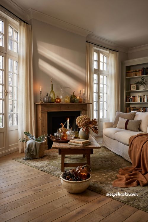 Glass pumpkin decor ideas for a cozy farmhouse living room with elegant hand blown glass accents