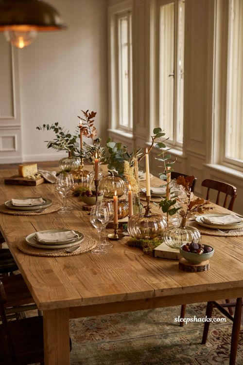 Glass pumpkin decor ideas for a layered autumn dining table centerpiece with elegant seasonal styling