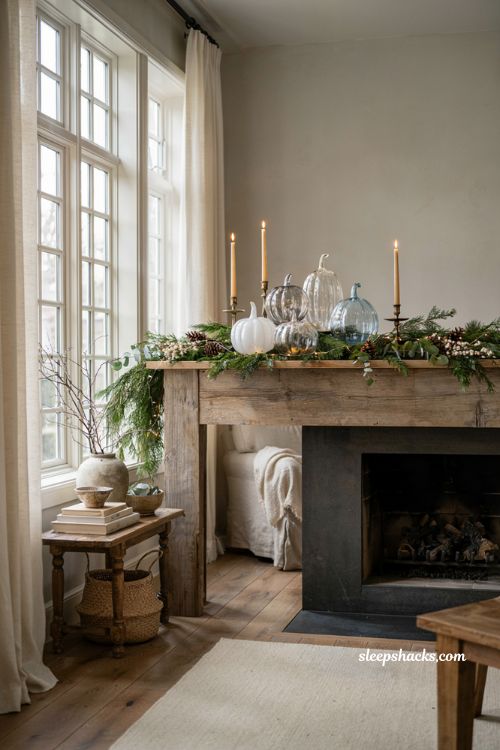 Glass pumpkin decor ideas that transition beautifully into cozy winter mantel styling