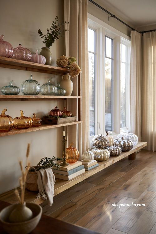 Glass pumpkin decor ideas with colorful year round seasonal home styling