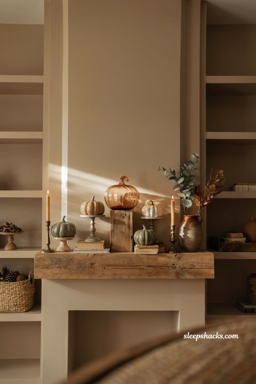 Glass pumpkin decor ideas with layered risers for elegant autumn mantel and shelf styling