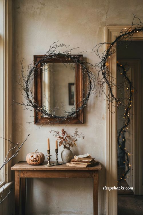 Glittered black branch Halloween garland with warm lights around a mirror 