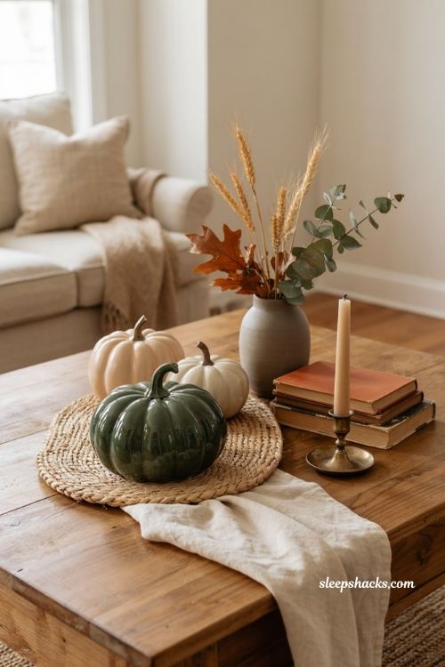 Glossy green pumpkin decor with elegant autumn coffee table styling