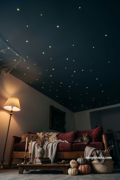 Glow in the dark star ceiling for cozy Halloween house party decor