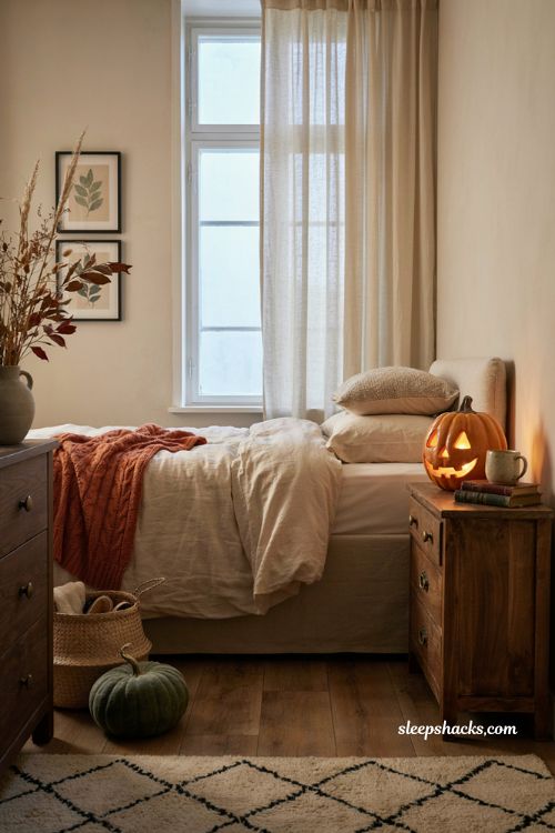 Glow pumpkin Halloween bedroom with cozy orange night light decor