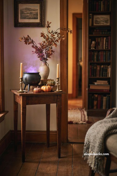 Glowing purple cauldron Halloween decor with cozy spooky entryway