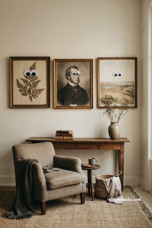 Googly eyes on framed art for a cute and cheap Halloween decoration 