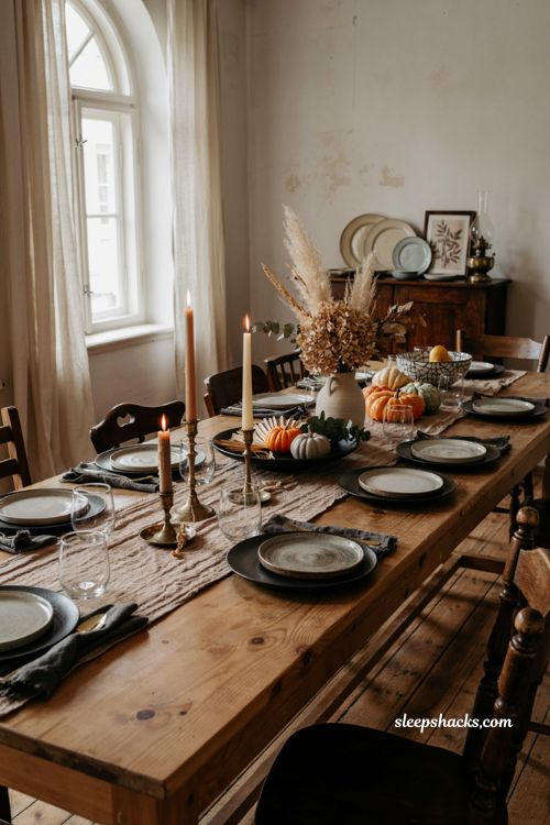 Gothic Halloween dining table decor with black serveware neutral plates dried flowers and pumpkins