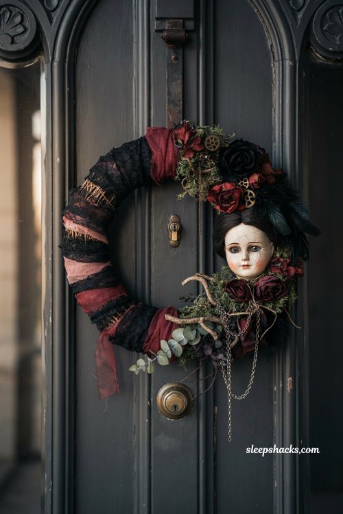 Gothic doll face wreath with black lace burgundy flowers feathers moss gears and haunted house decor