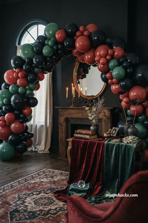 Gothic elegant Halloween balloon arch with jewel tone double stuffed balloons