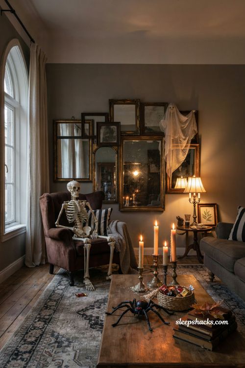 Gothic mirror Halloween living room decor with antique gold frames, skeleton, candles, and vintage accents 