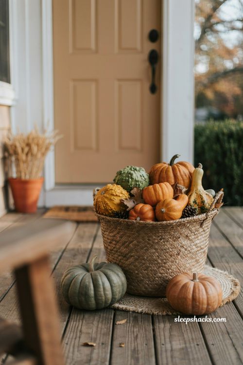 Gourd and squash basket fall decor with woven basket ornamental gourds pinecones dried leaves and rustic porch