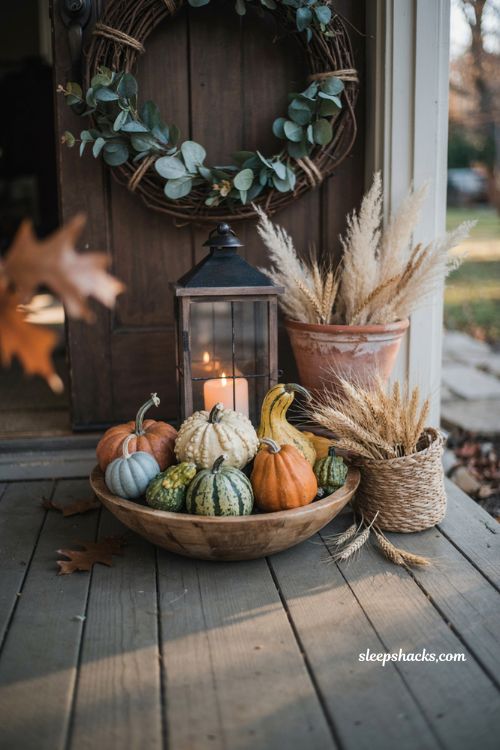 Gourds in unexpected colors for fall entryway decor with blue white green pumpkins and rustic bowl